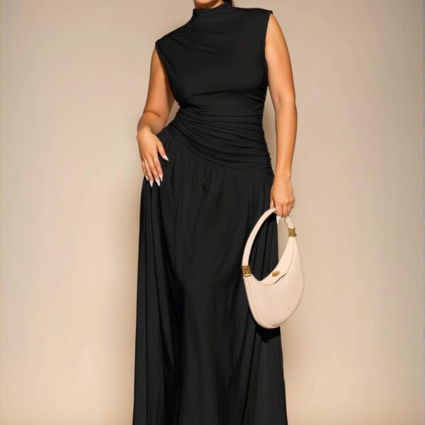 Elegant Black Asymmetric Ruched Sleeveless Long Dress, Perfect for Spring and Summer as a Stylish Base Layer for Autumn and Winter, Ideal for Special Occasions like Evenings, Birthdays, and Formal Events "Chic, Classy and Trendy Fashion Style to Dress to Impress"