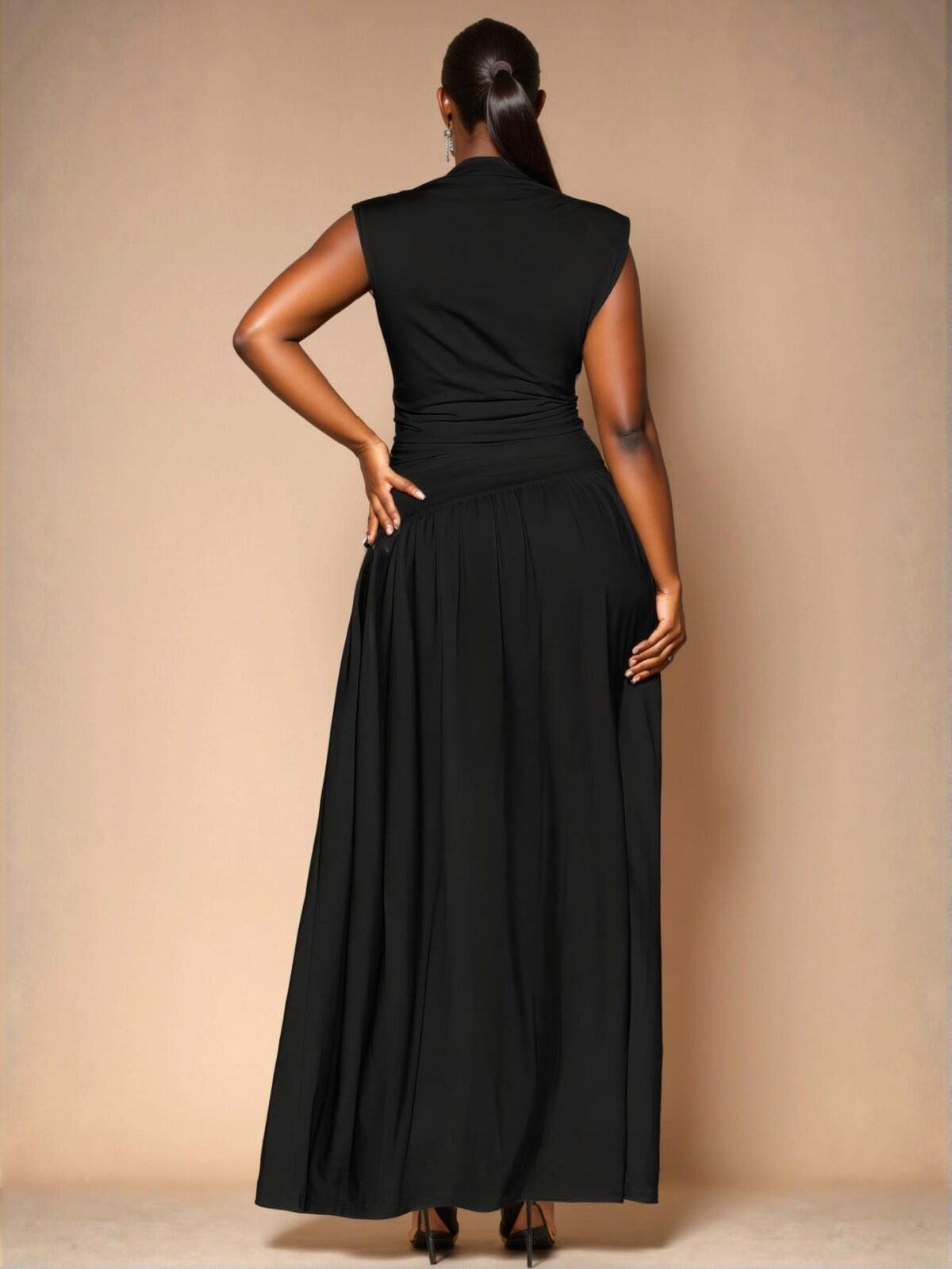 Elegant Black Asymmetric Ruched Sleeveless Long Dress, Perfect for Spring and Summer as a Stylish Base Layer for Autumn and Winter, Ideal for Special Occasions like Evenings, Birthdays, and Formal Events "Chic, Classy and Trendy Fashion Style to Dress to Impress" - Image 2