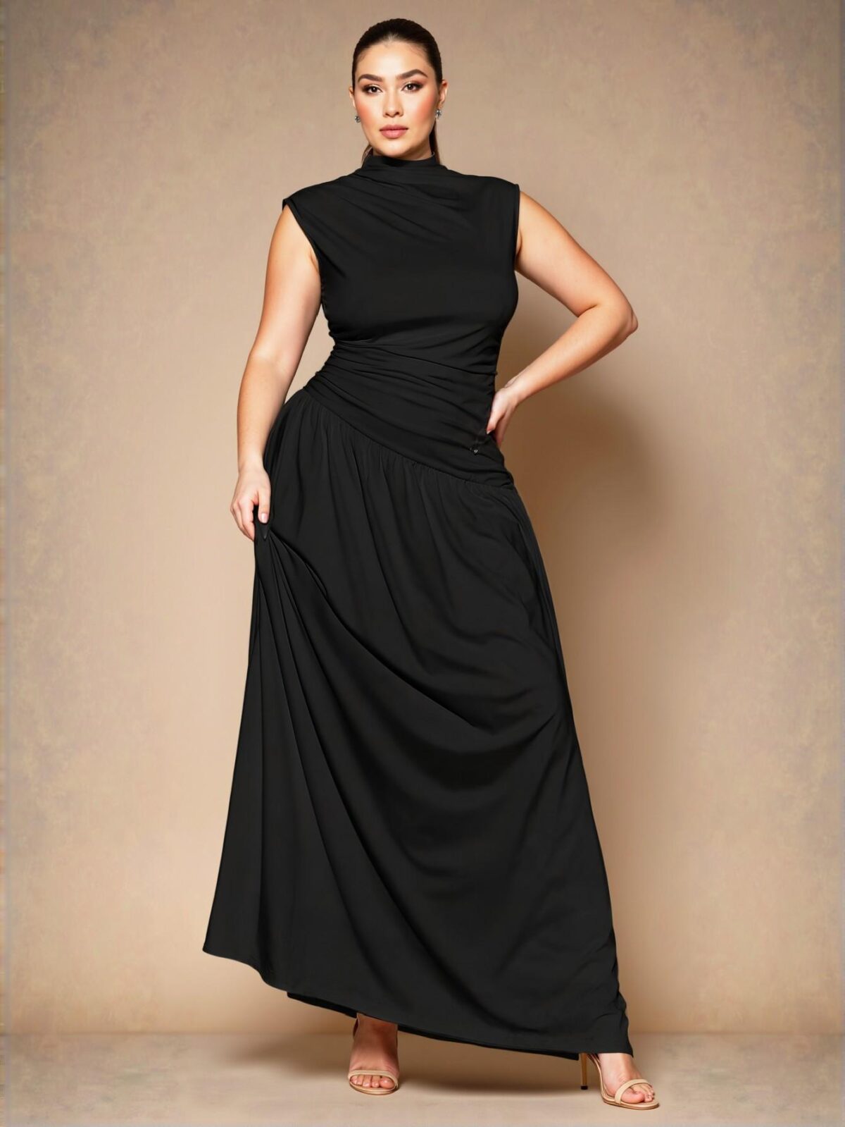 Elegant Black Asymmetric Ruched Sleeveless Long Dress, Perfect for Spring and Summer as a Stylish Base Layer for Autumn and Winter, Ideal for Special Occasions like Evenings, Birthdays, and Formal Events "Chic, Classy and Trendy Fashion Style to Dress to Impress" - Image 3