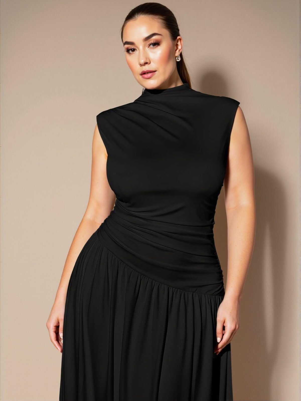 Elegant Black Asymmetric Ruched Sleeveless Long Dress, Perfect for Spring and Summer as a Stylish Base Layer for Autumn and Winter, Ideal for Special Occasions like Evenings, Birthdays, and Formal Events "Chic, Classy and Trendy Fashion Style to Dress to Impress" - Image 4