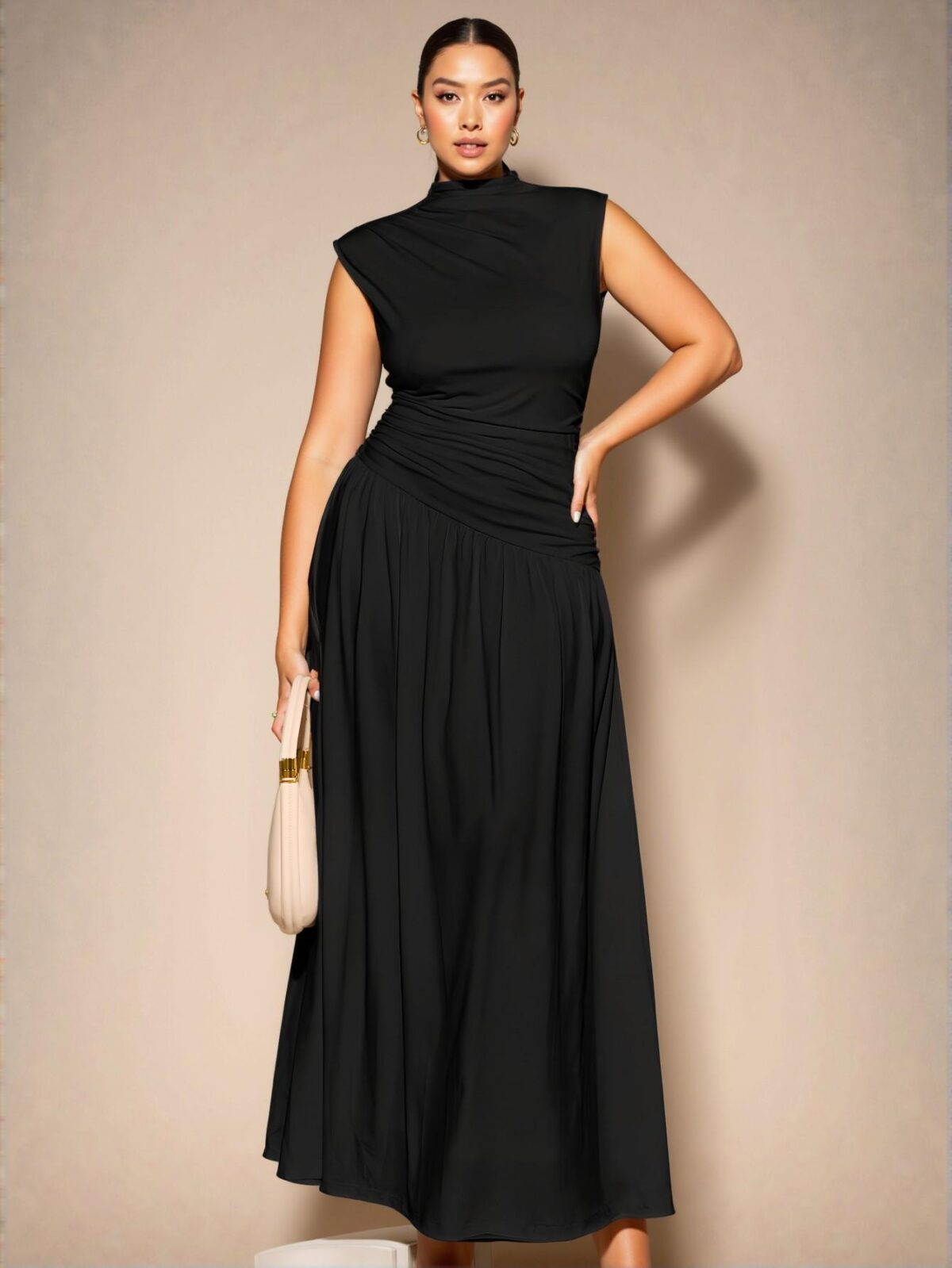 Elegant Black Asymmetric Ruched Sleeveless Long Dress, Perfect for Spring and Summer as a Stylish Base Layer for Autumn and Winter, Ideal for Special Occasions like Evenings, Birthdays, and Formal Events "Chic, Classy and Trendy Fashion Style to Dress to Impress" - Image 5