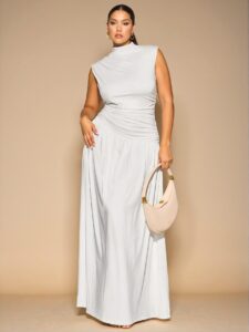 Elegant White Asymmetric Ruched Maxi Dress with Stand Collar - Perfect for Autumn and Winter Layering, French-inspired Evening and Birthday Celebrations, Casual Everyday Wear, and Festive Concert Outfits - Chic, Classy and Trendy Fashion Style to Dress to Impress