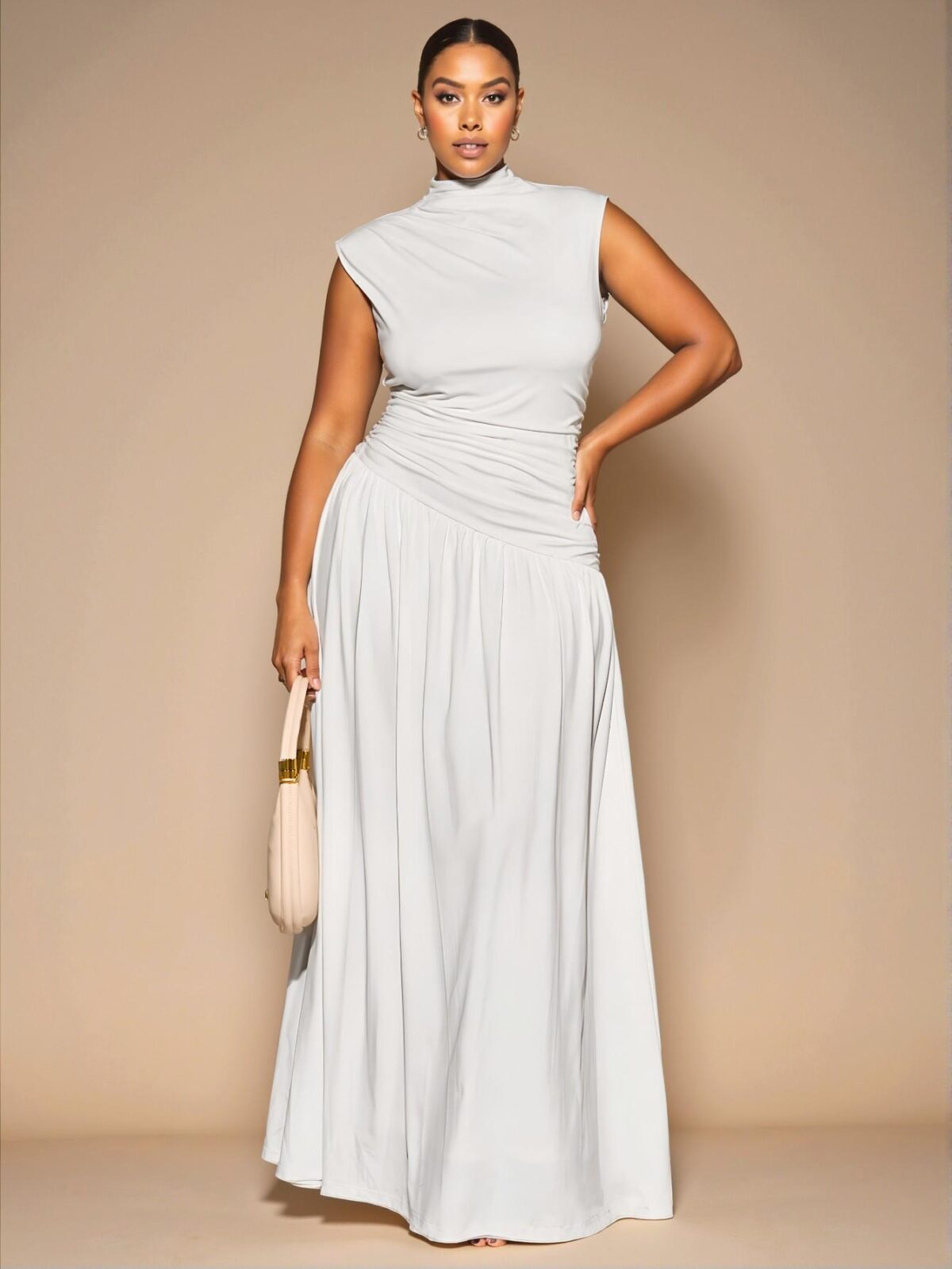 Elegant White Asymmetric Ruched Maxi Dress with Stand Collar - Perfect for Autumn and Winter Layering, French-inspired Evening and Birthday Celebrations, Casual Everyday Wear, and Festive Concert Outfits - Chic, Classy and Trendy Fashion Style to Dress to Impress - Image 2