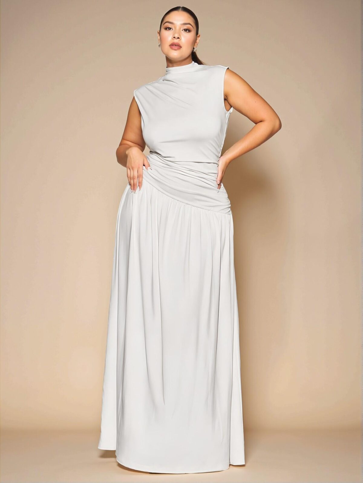Elegant White Asymmetric Ruched Maxi Dress with Stand Collar - Perfect for Autumn and Winter Layering, French-inspired Evening and Birthday Celebrations, Casual Everyday Wear, and Festive Concert Outfits - Chic, Classy and Trendy Fashion Style to Dress to Impress - Image 3