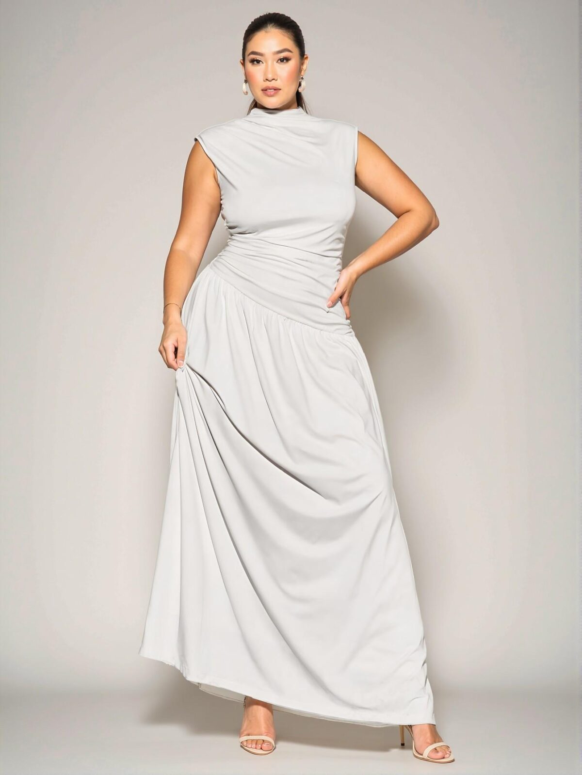 Elegant White Asymmetric Ruched Maxi Dress with Stand Collar - Perfect for Autumn and Winter Layering, French-inspired Evening and Birthday Celebrations, Casual Everyday Wear, and Festive Concert Outfits - Chic, Classy and Trendy Fashion Style to Dress to Impress - Image 4