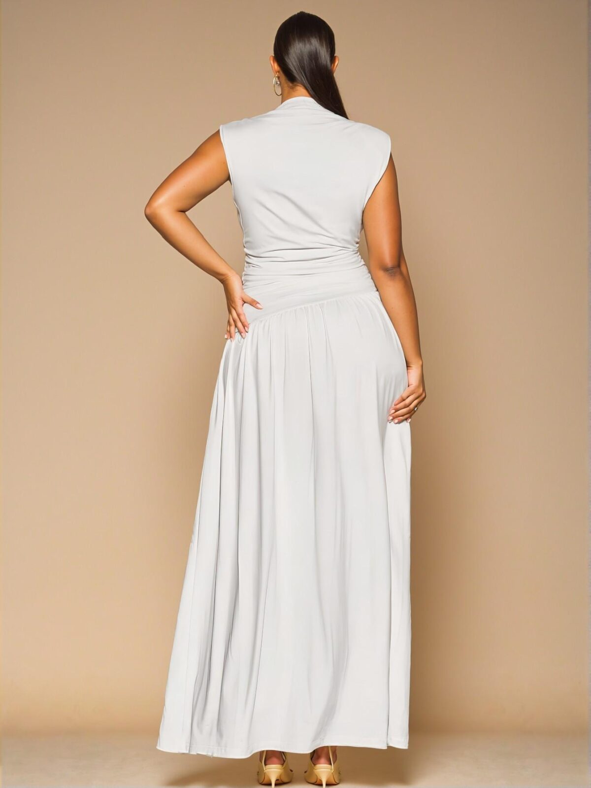 Elegant White Asymmetric Ruched Maxi Dress with Stand Collar - Perfect for Autumn and Winter Layering, French-inspired Evening and Birthday Celebrations, Casual Everyday Wear, and Festive Concert Outfits - Chic, Classy and Trendy Fashion Style to Dress to Impress - Image 5