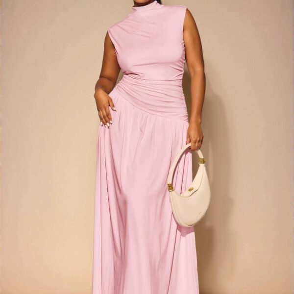 Elegant Coral Pink Asymmetrical Sleeveless Ruched Maxi Dress for Layering and Formal Occasions, Perfect for Birthdays, Bridesmaids, and Everyday Chic Style to Dress to Impress