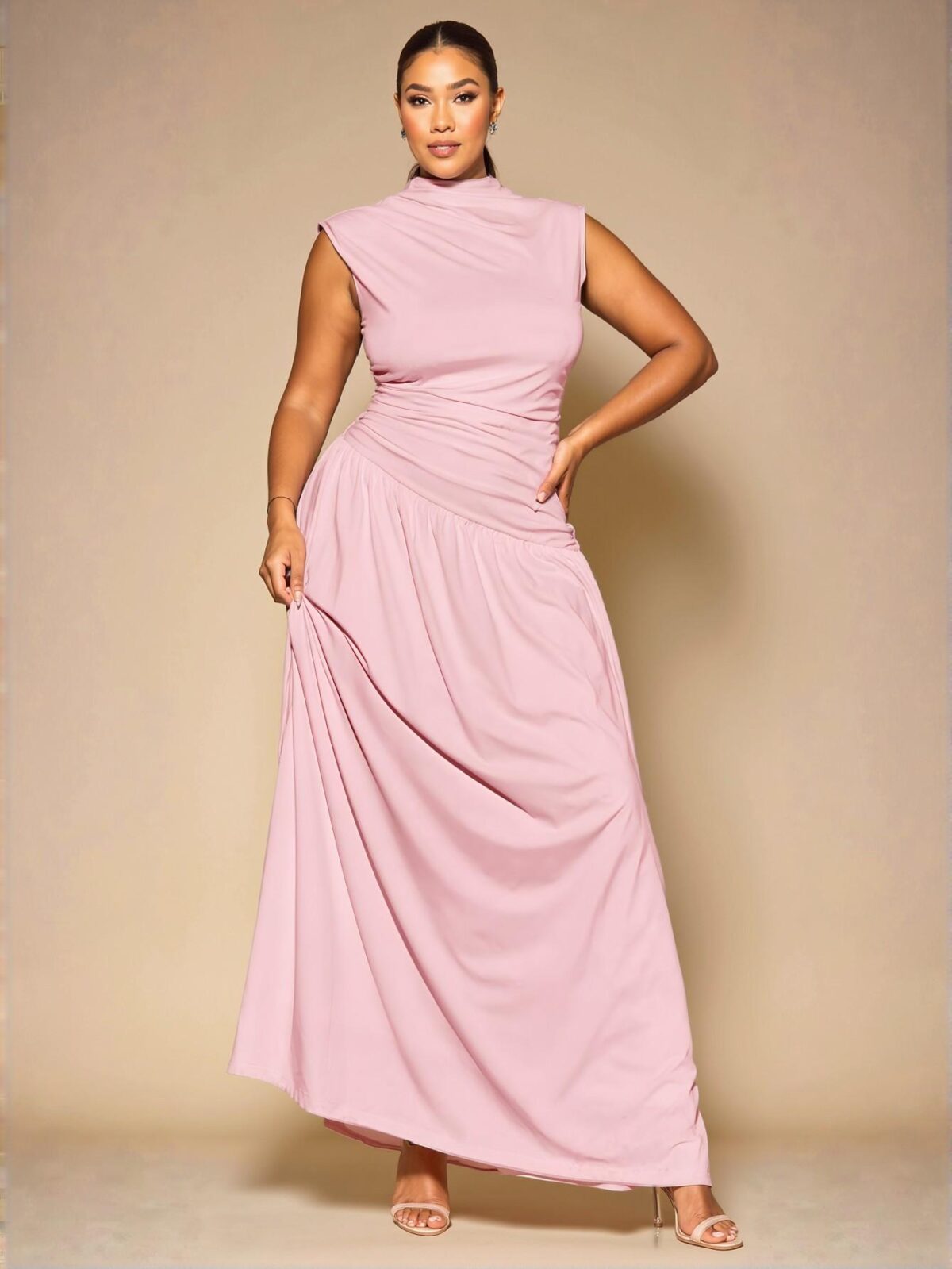 Elegant Coral Pink Asymmetrical Sleeveless Ruched Maxi Dress for Layering and Formal Occasions, Perfect for Birthdays, Bridesmaids, and Everyday Chic Style to Dress to Impress - Image 3