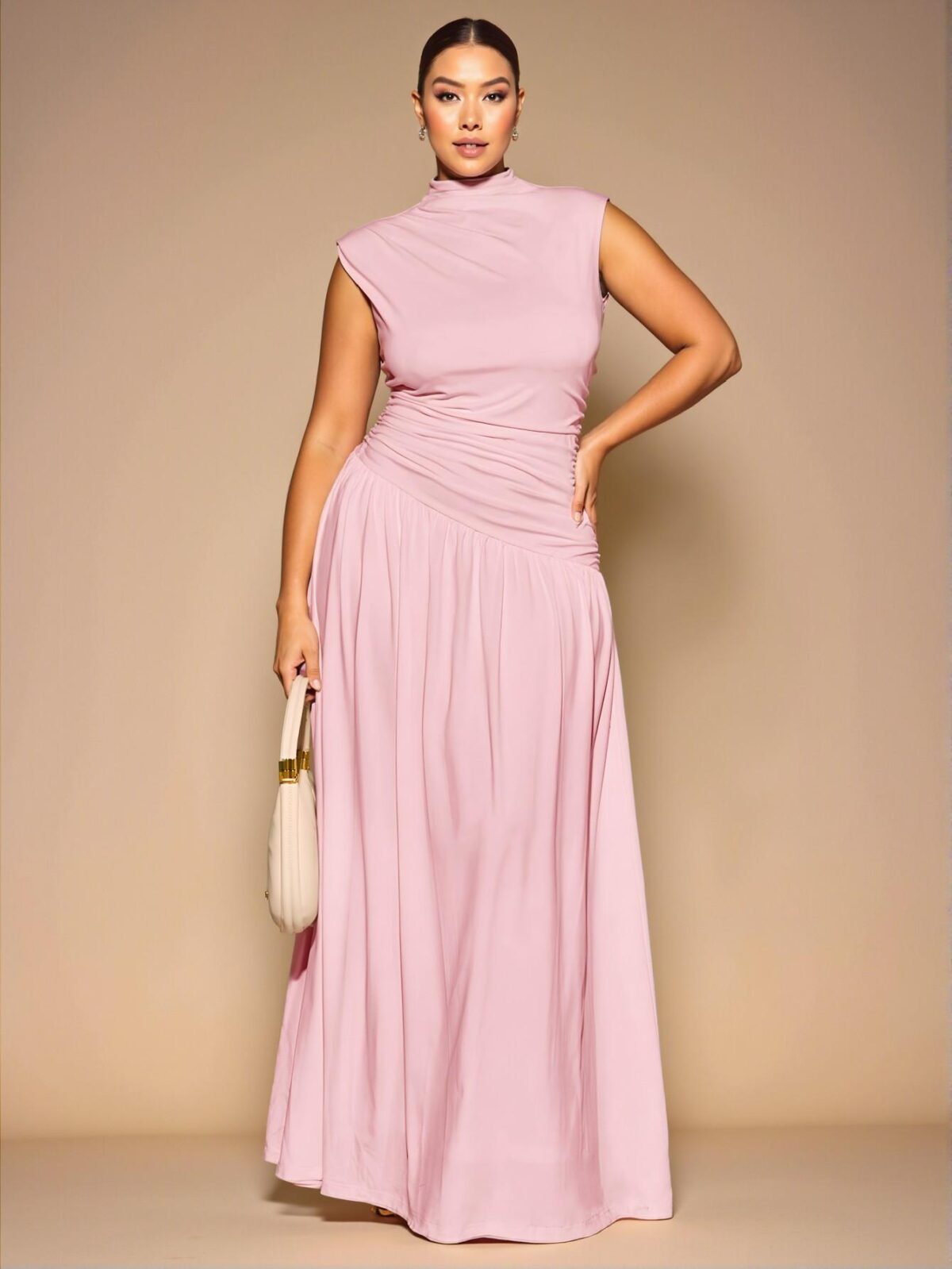 Elegant Coral Pink Asymmetrical Sleeveless Ruched Maxi Dress for Layering and Formal Occasions, Perfect for Birthdays, Bridesmaids, and Everyday Chic Style to Dress to Impress - Image 5