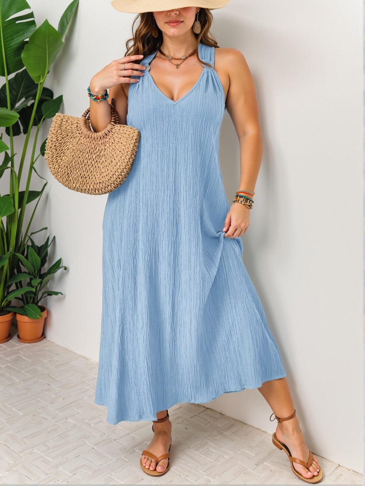 Elegant Baby Blue Minimalist Textured Solid O-Ring Detail Camisole A-Line Dress for Spring and Summer - Chic, Classy and Trendy Fashion Style to Dress to Impress - Image 4