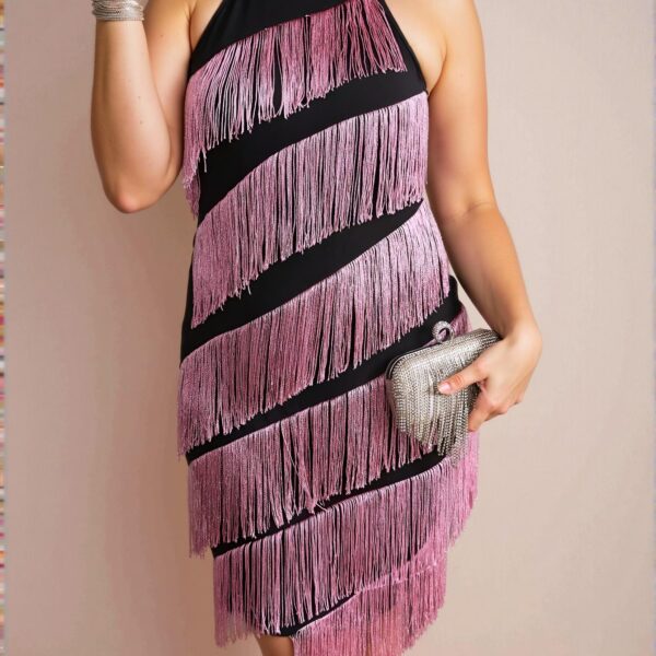 Elegant Black Asymmetrical Hem Fringe Contrast Color Dress for Spring and Summer, Chic, Classy and Trendy Fashion Style to Dress to Impress