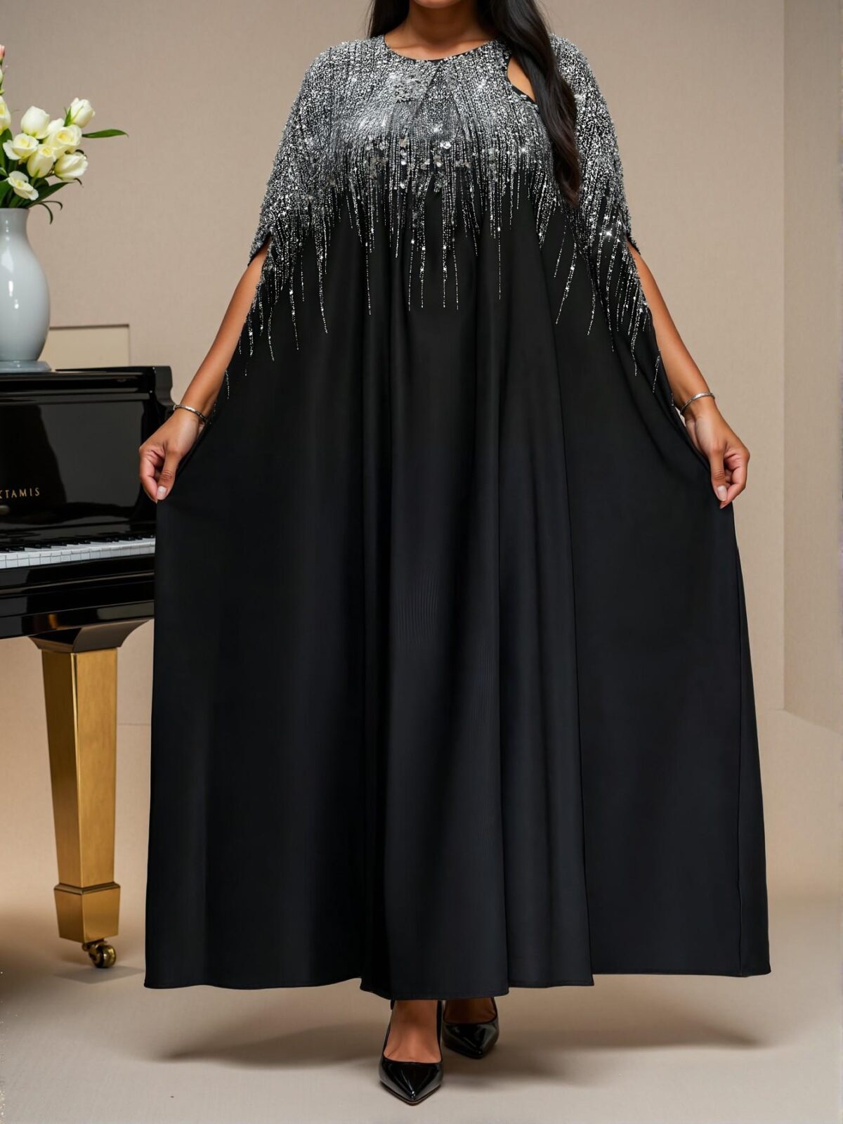 Elegant Silver Colorblock Woven Notched Ball Gown with Batwing Short Sleeves for All Seasons - Chic, Classy and Trendy Fashion Style to Dress to Impress