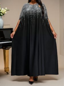 Elegant Silver Colorblock Woven Notched Ball Gown with Batwing Short Sleeves for All Seasons - Chic, Classy and Trendy Fashion Style to Dress to Impress