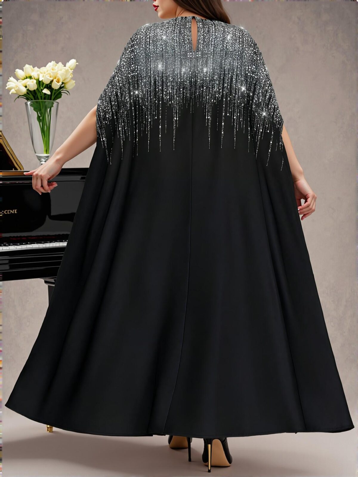 Elegant Silver Colorblock Woven Notched Ball Gown with Batwing Short Sleeves for All Seasons - Chic, Classy and Trendy Fashion Style to Dress to Impress - Image 2