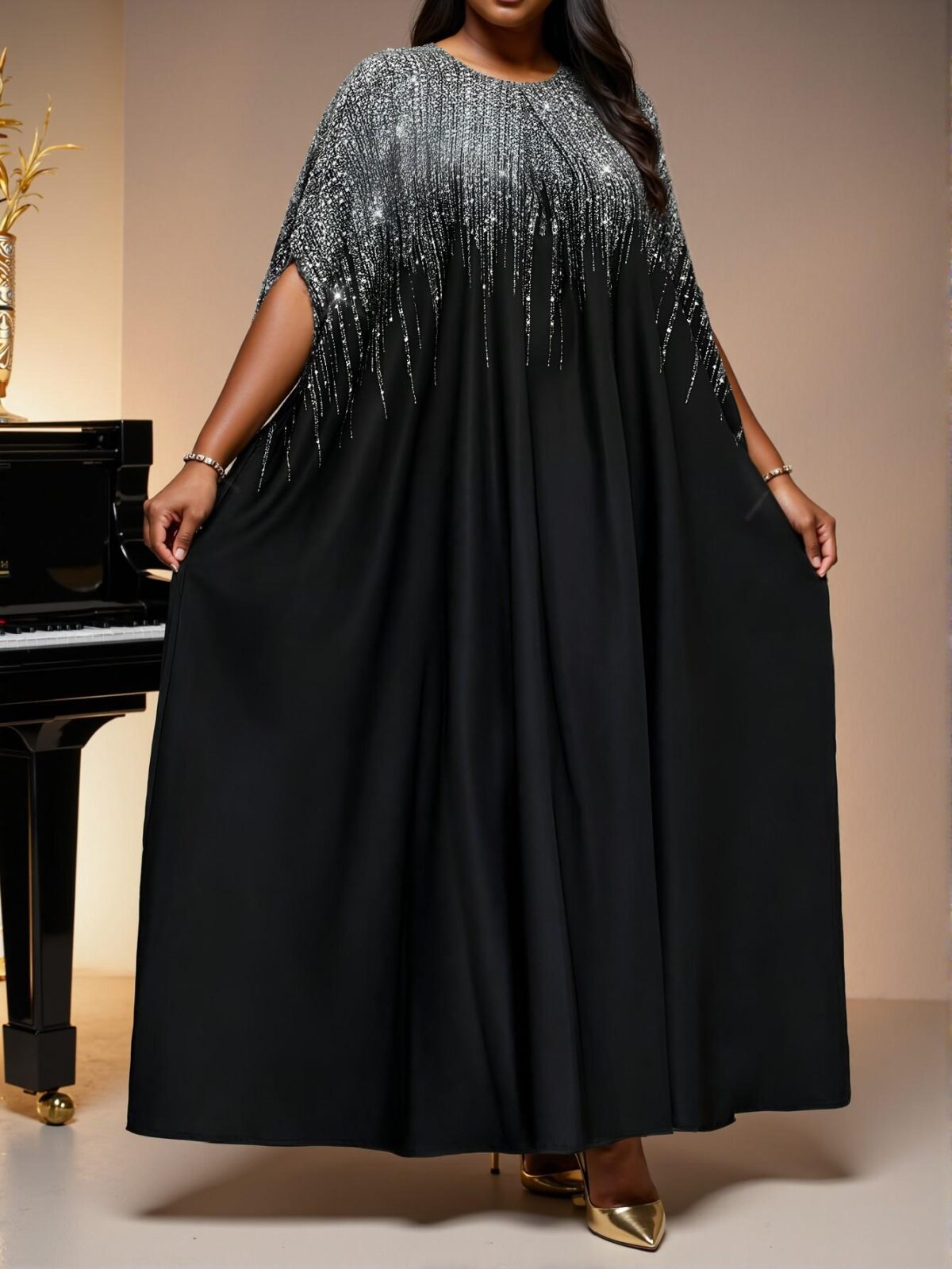 Elegant Silver Colorblock Woven Notched Ball Gown with Batwing Short Sleeves for All Seasons - Chic, Classy and Trendy Fashion Style to Dress to Impress - Image 4