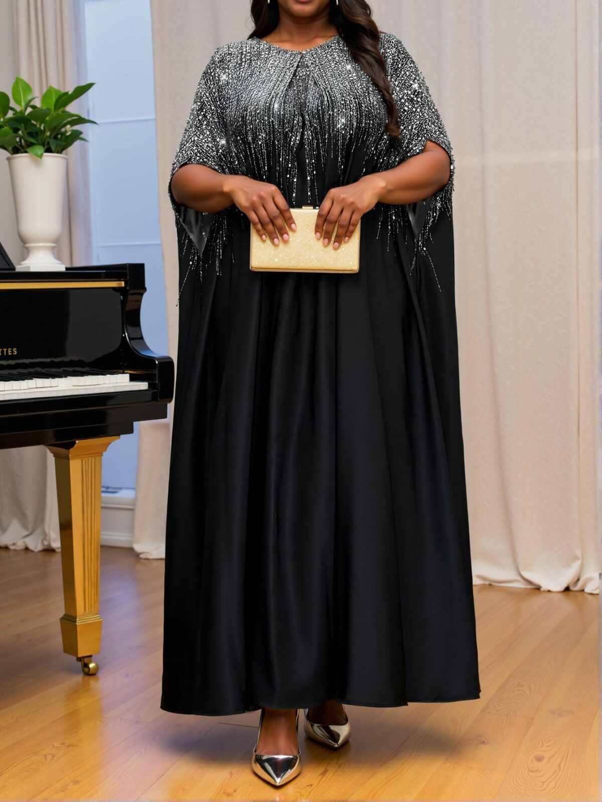 Elegant Silver Colorblock Woven Notched Ball Gown with Batwing Short Sleeves for All Seasons - Chic, Classy and Trendy Fashion Style to Dress to Impress - Image 5