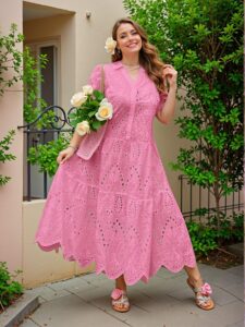 Elegant Hot Pink Embroidered Hollow Out Dress with Flounce Hem for Spring and Summer Chic, Classy and Trendy Fashion Style to Dress to Impress