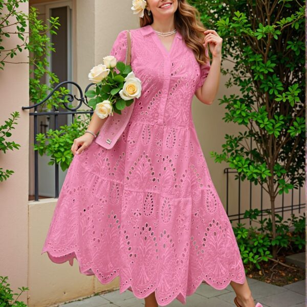 Elegant Hot Pink Embroidered Hollow Out Dress with Flounce Hem for Spring and Summer Chic, Classy and Trendy Fashion Style to Dress to Impress