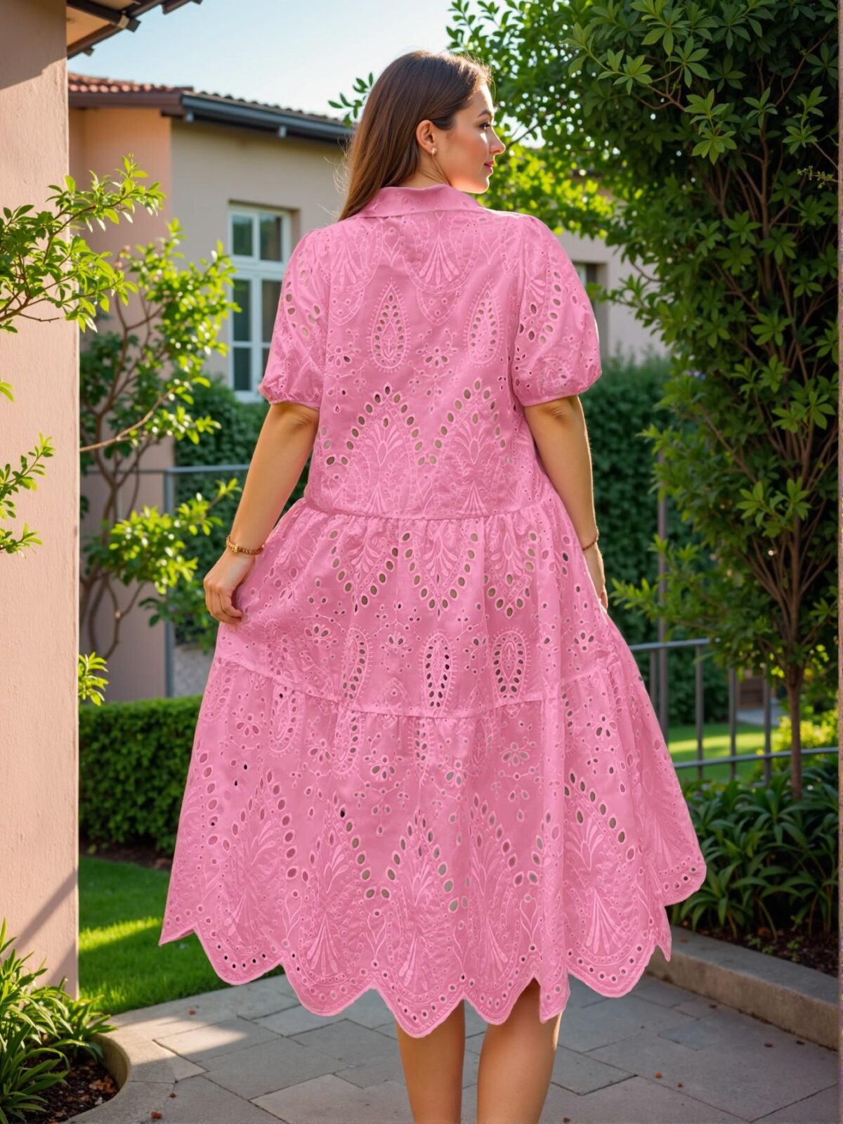 Elegant Hot Pink Embroidered Hollow Out Dress with Flounce Hem for Spring and Summer Chic, Classy and Trendy Fashion Style to Dress to Impress - Image 2