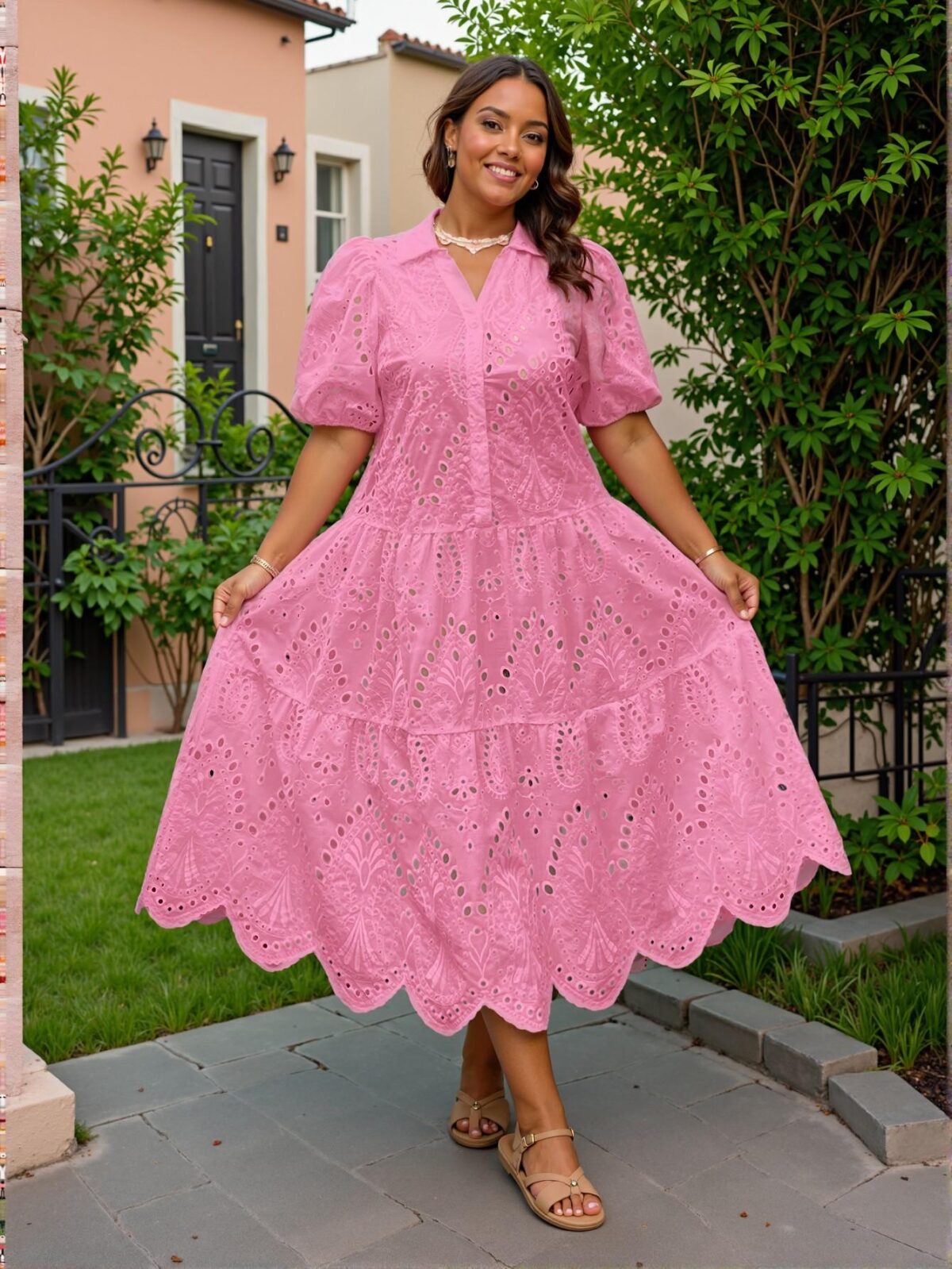 Elegant Hot Pink Embroidered Hollow Out Dress with Flounce Hem for Spring and Summer Chic, Classy and Trendy Fashion Style to Dress to Impress - Image 3