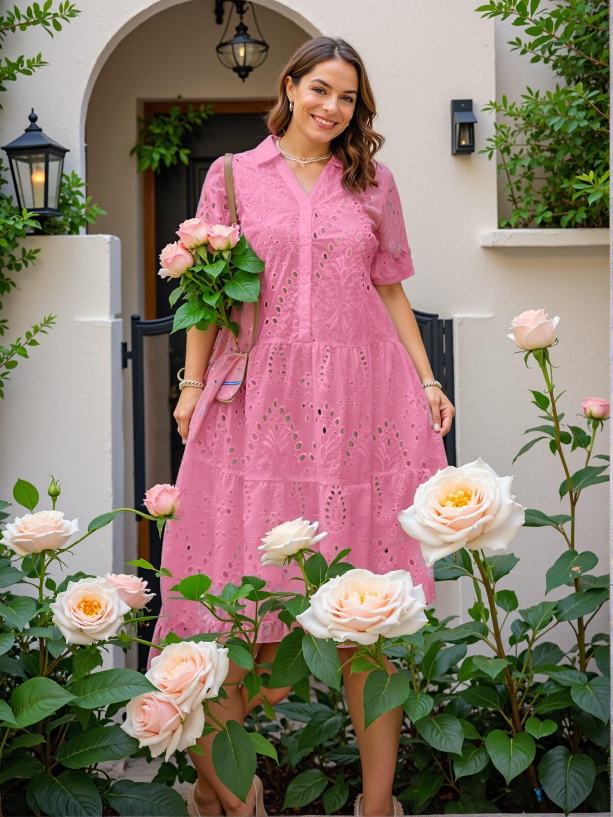 Elegant Hot Pink Embroidered Hollow Out Dress with Flounce Hem for Spring and Summer Chic, Classy and Trendy Fashion Style to Dress to Impress - Image 4