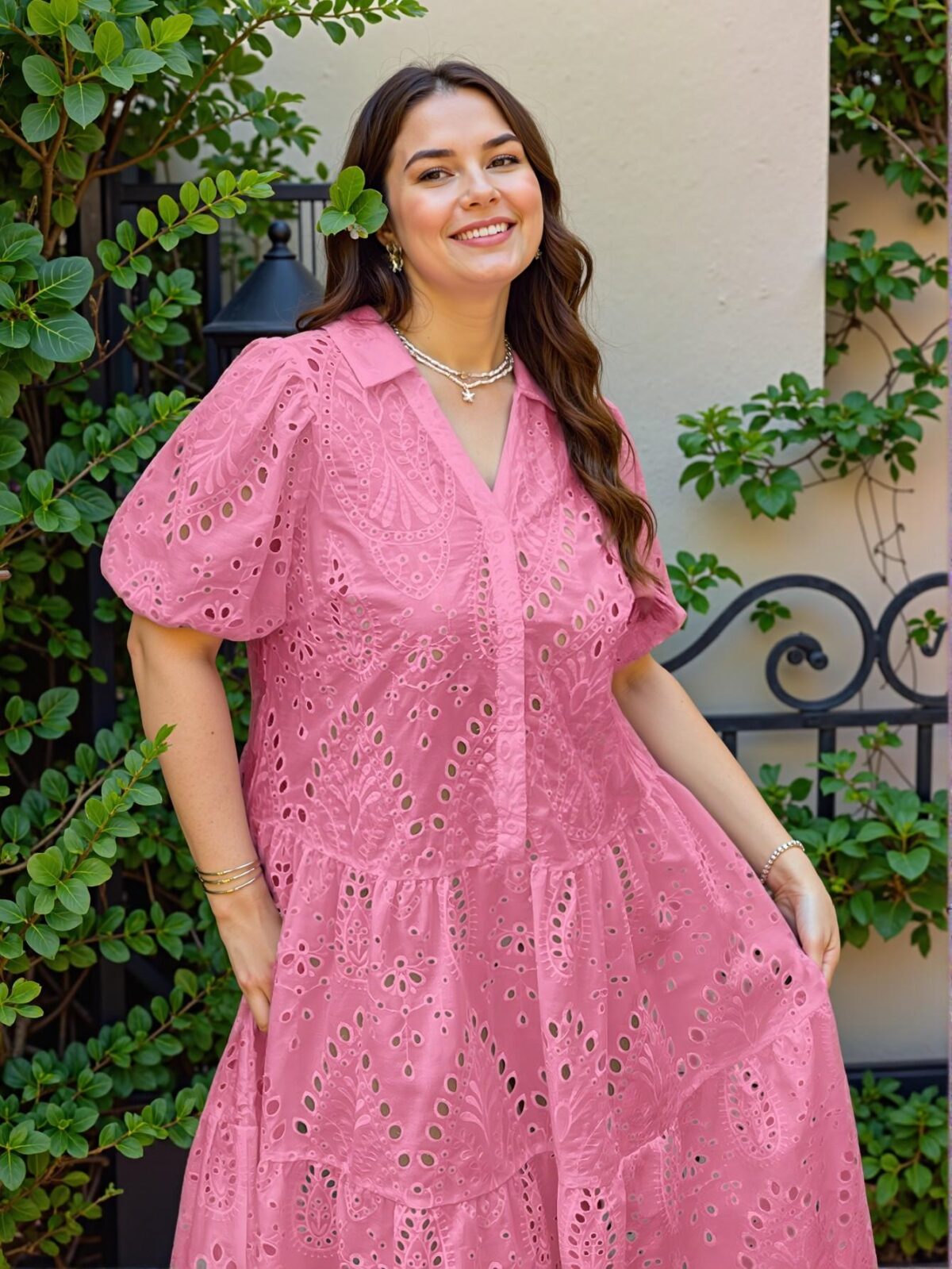 Elegant Hot Pink Embroidered Hollow Out Dress with Flounce Hem for Spring and Summer Chic, Classy and Trendy Fashion Style to Dress to Impress - Image 5