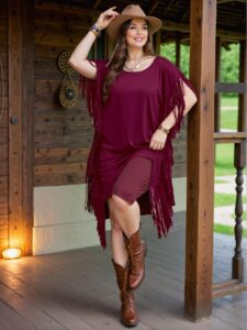 Elegant Burgundy Stylish Bohemian Fringe Batwing Mini Dress for Casual Spring and Summer Outings - Chic, Classy and Trendy Fashion Style to Dress to Impress