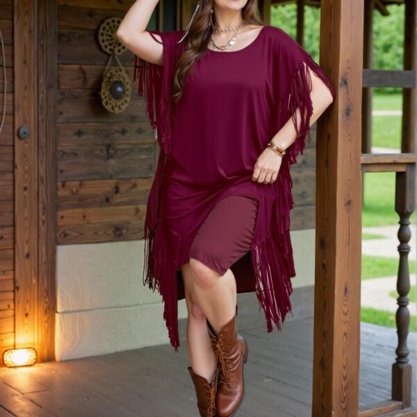 Elegant Burgundy Stylish Bohemian Fringe Batwing Mini Dress for Casual Spring and Summer Outings - Chic, Classy and Trendy Fashion Style to Dress to Impress
