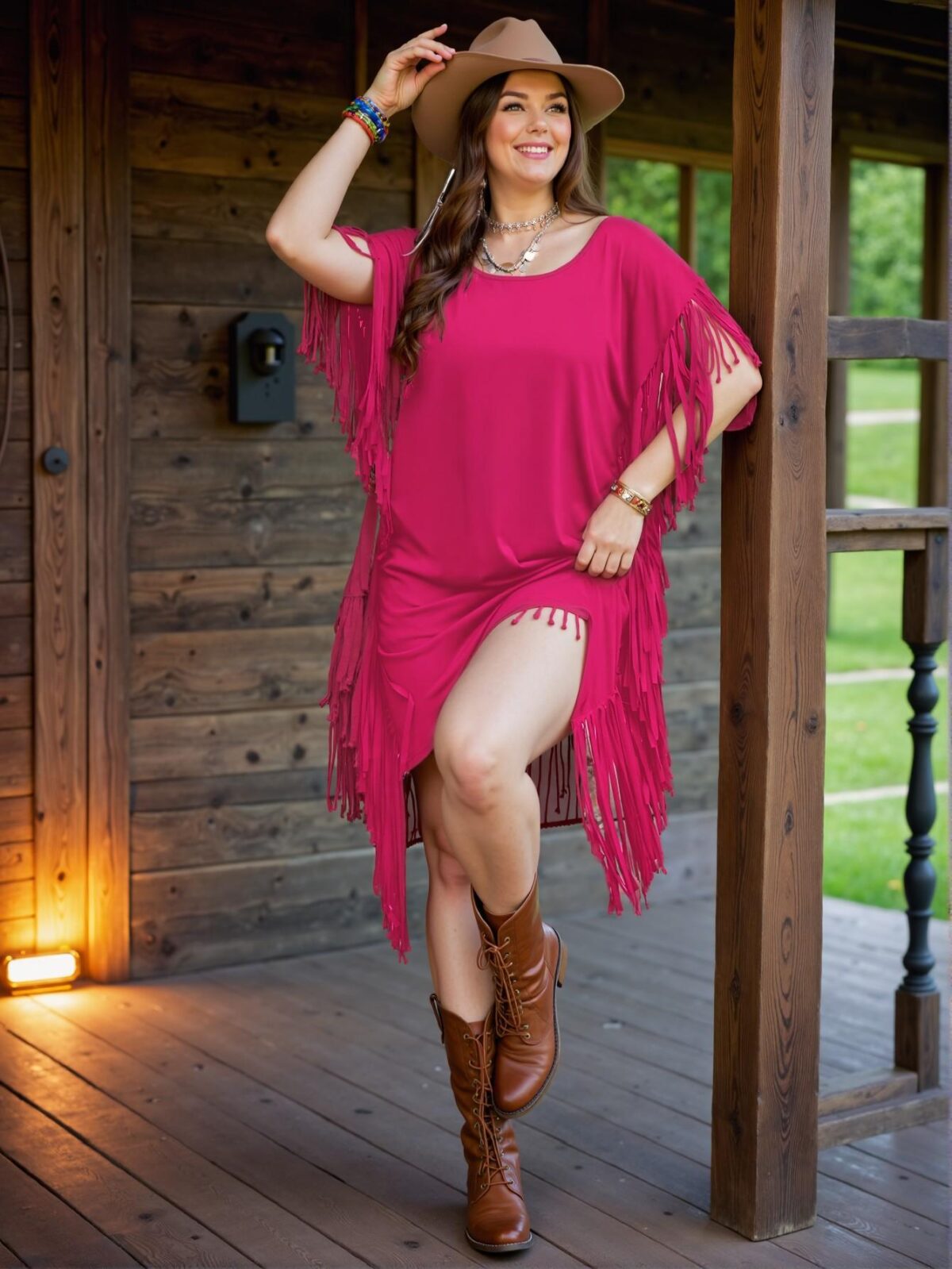 Elegant Hot Pink Stylish Plus Size Bohemian Fringe Drop Shoulder Backless Dress for Casual Spring and Summer Gatherings - Chic, Classy and Trendy Fashion Style to Dress to Impress