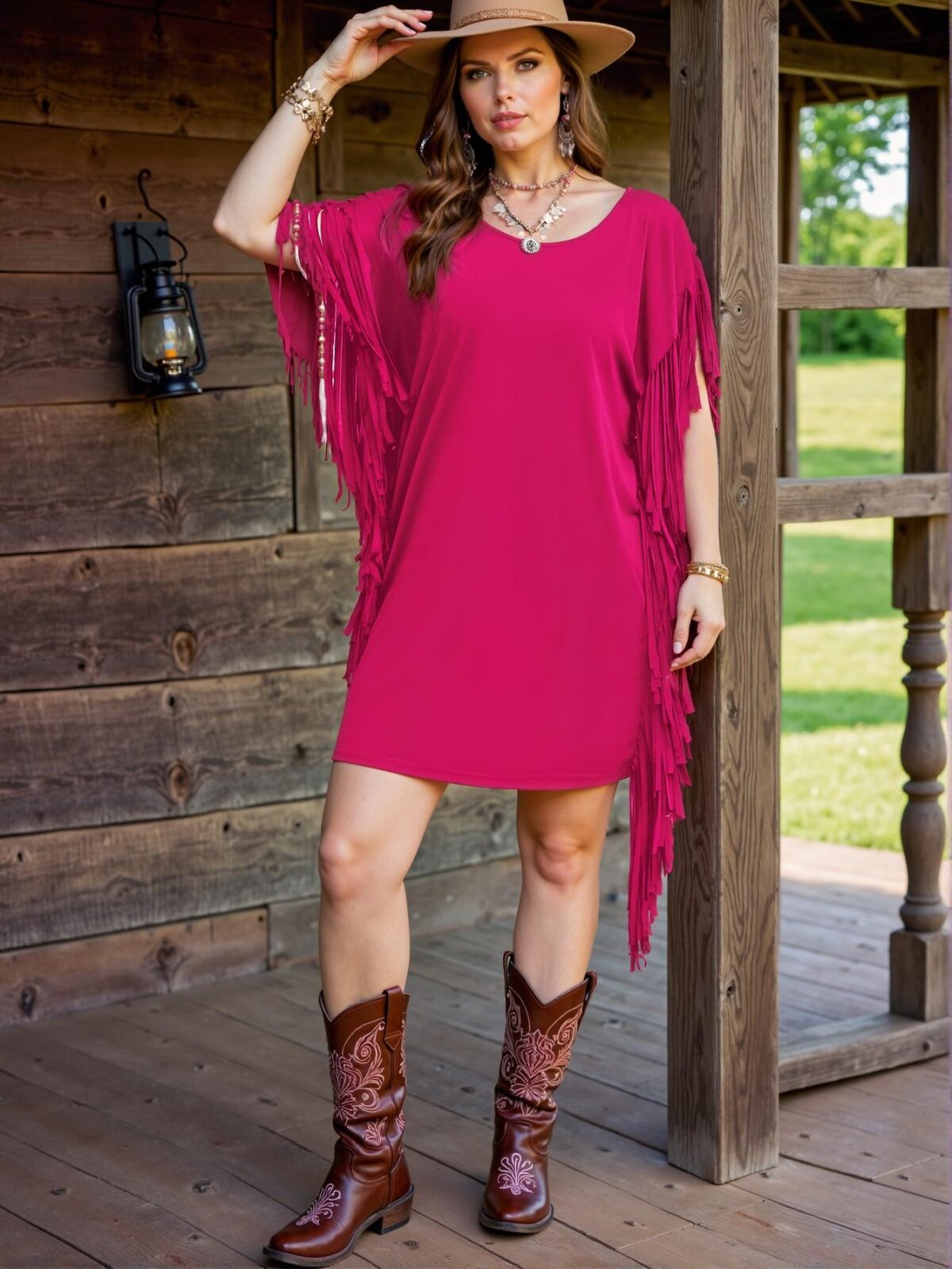 Elegant Hot Pink Stylish Plus Size Bohemian Fringe Drop Shoulder Backless Dress for Casual Spring and Summer Gatherings - Chic, Classy and Trendy Fashion Style to Dress to Impress - Image 4