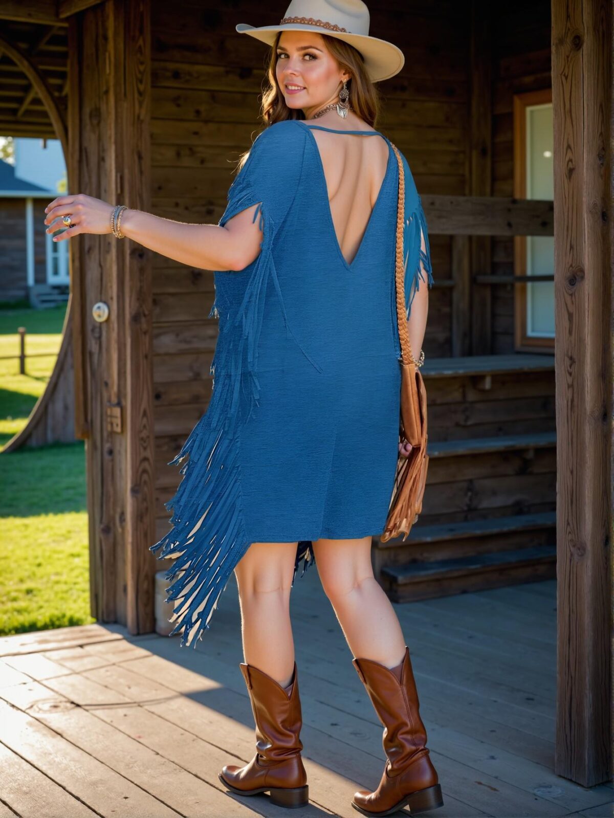Elegant Royal Blue Charming Plus Size Bohemian Inspired Casual Vacation Fringed Drop Shoulder Batwing Backless Dress for Spring and Summer Chic, Classy and Trendy Fashion Style to Dress to Impress - Image 2