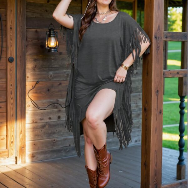 Elegant Dark Grey Stylish Bohemian Casual Beach Vacation Dress with Tassels and Batwing Sleeves for Spring and Summer - Chic, Classy and Trendy Fashion Style to Dress to Impress