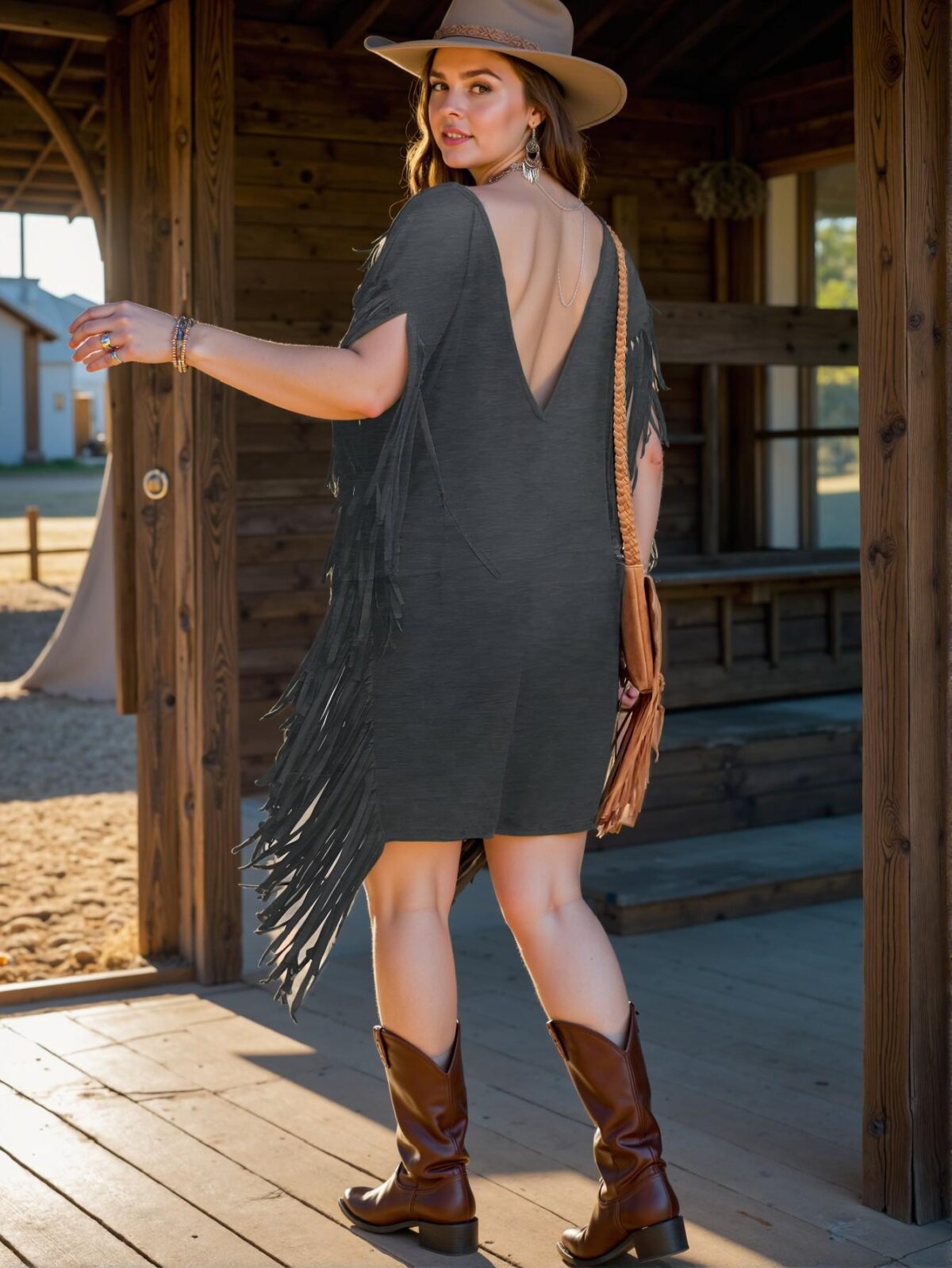 Elegant Dark Grey Stylish Bohemian Casual Beach Vacation Dress with Tassels and Batwing Sleeves for Spring and Summer - Chic, Classy and Trendy Fashion Style to Dress to Impress - Image 2