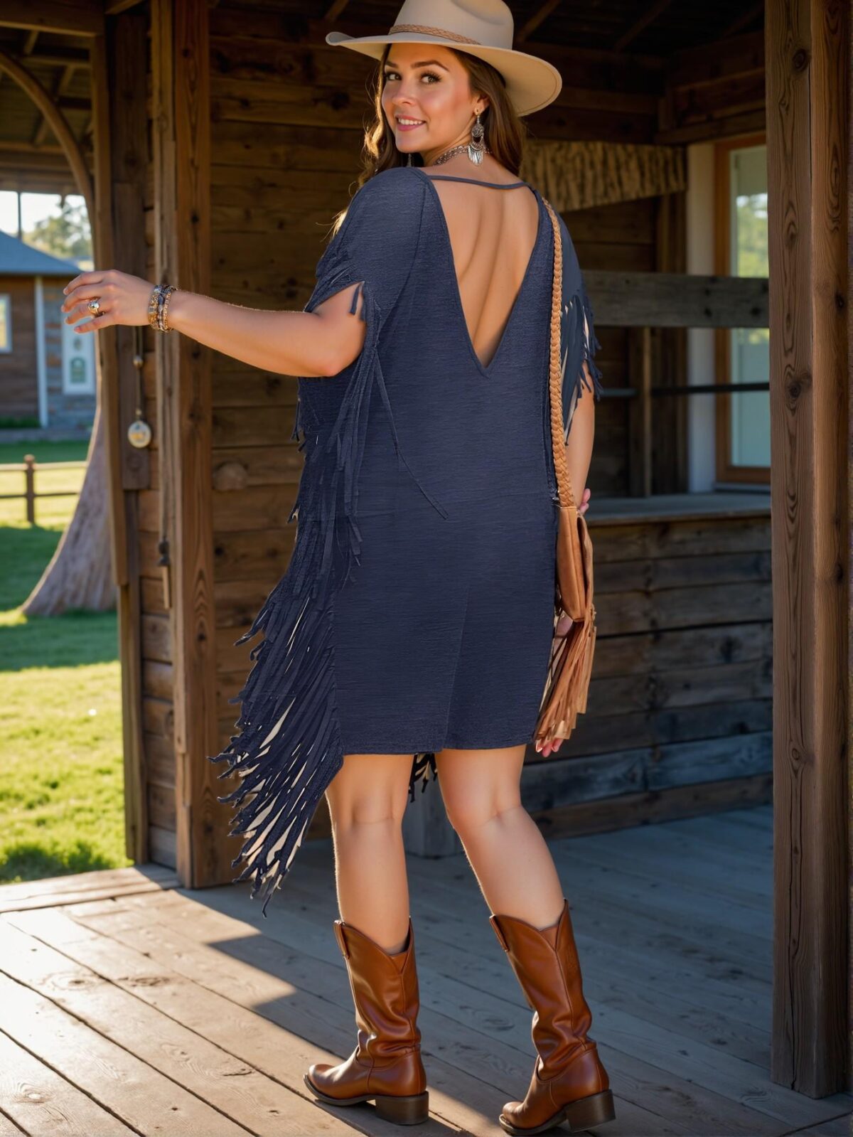 Elegant Navy Blue Relaxed Fit Boho Fringe Drop Shoulder Batwing Dress for Spring and Summer – Chic, Classy and Trendy Fashion Style to Dress to Impress - Image 2