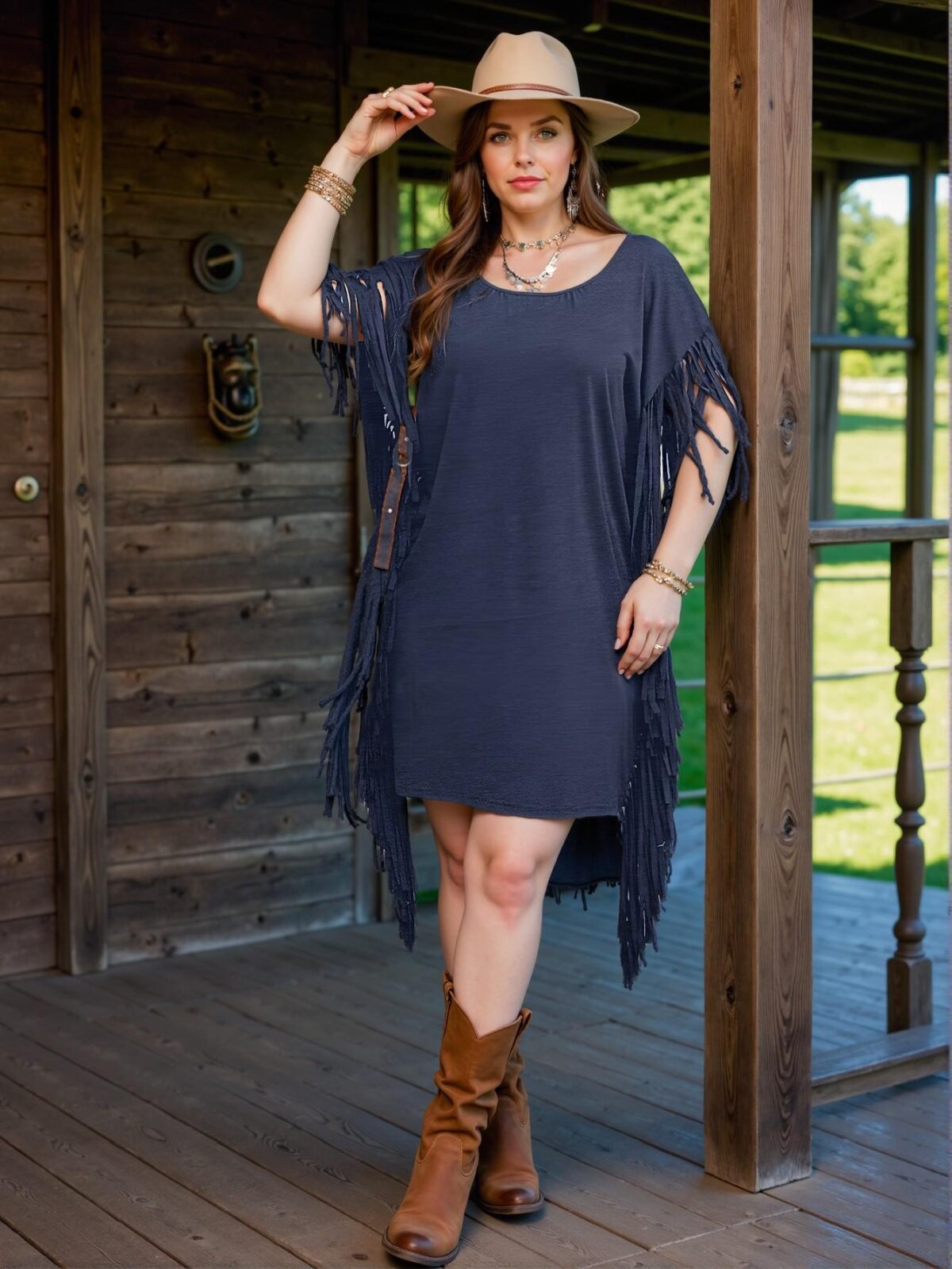 Elegant Navy Blue Relaxed Fit Boho Fringe Drop Shoulder Batwing Dress for Spring and Summer – Chic, Classy and Trendy Fashion Style to Dress to Impress - Image 4