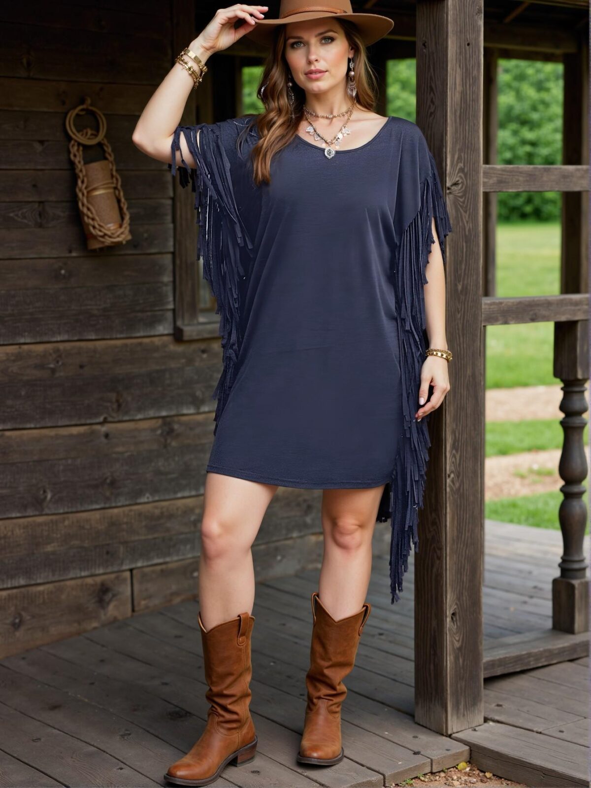 Elegant Navy Blue Relaxed Fit Boho Fringe Drop Shoulder Batwing Dress for Spring and Summer – Chic, Classy and Trendy Fashion Style to Dress to Impress - Image 5