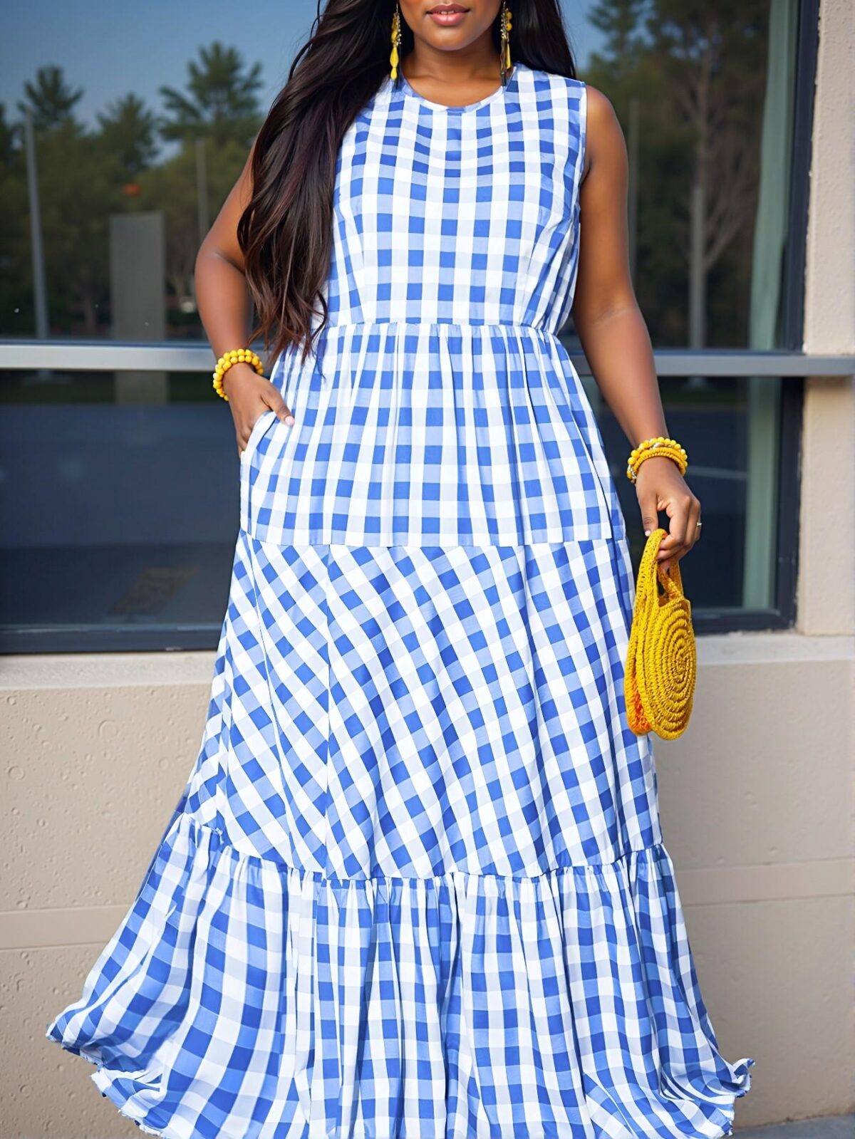 Elegant Blue Gingham Ruched Waist Sleeveless Dress with Pockets for Casual Spring and Summer Wear - Perfect for Plus Size Fashion Lovers "Chic, Classy and Trendy Fashion Style to Dress to Impress"