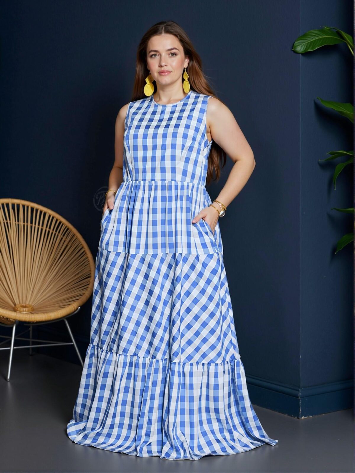 Elegant Blue Gingham Ruched Waist Sleeveless Dress with Pockets for Casual Spring and Summer Wear - Perfect for Plus Size Fashion Lovers "Chic, Classy and Trendy Fashion Style to Dress to Impress" - Image 3