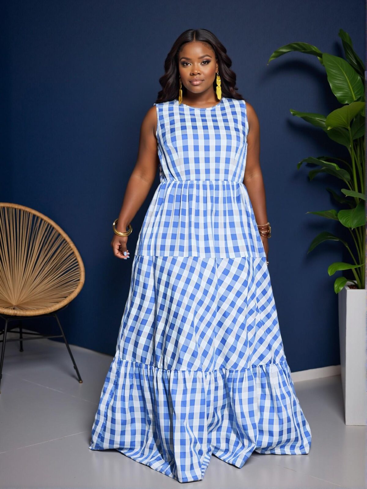 Elegant Blue Gingham Ruched Waist Sleeveless Dress with Pockets for Casual Spring and Summer Wear - Perfect for Plus Size Fashion Lovers "Chic, Classy and Trendy Fashion Style to Dress to Impress" - Image 4