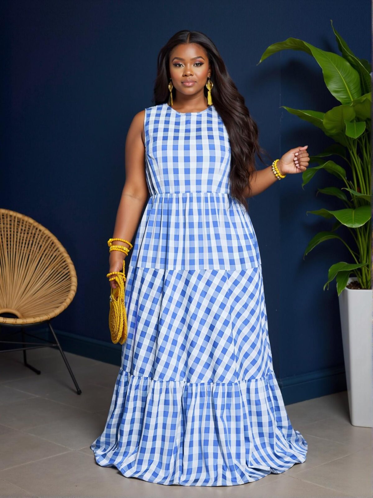 Elegant Blue Gingham Ruched Waist Sleeveless Dress with Pockets for Casual Spring and Summer Wear - Perfect for Plus Size Fashion Lovers "Chic, Classy and Trendy Fashion Style to Dress to Impress" - Image 5