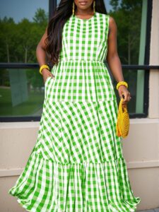 Elegant Green Flounced Ruffled High Waist Sleeveless Plus Size Dress with Pockets for Spring and Summer - Chic, Classy and Trendy Fashion Style to Dress to Impress