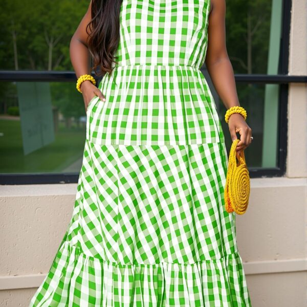 Elegant Green Flounced Ruffled High Waist Sleeveless Plus Size Dress with Pockets for Spring and Summer - Chic, Classy and Trendy Fashion Style to Dress to Impress