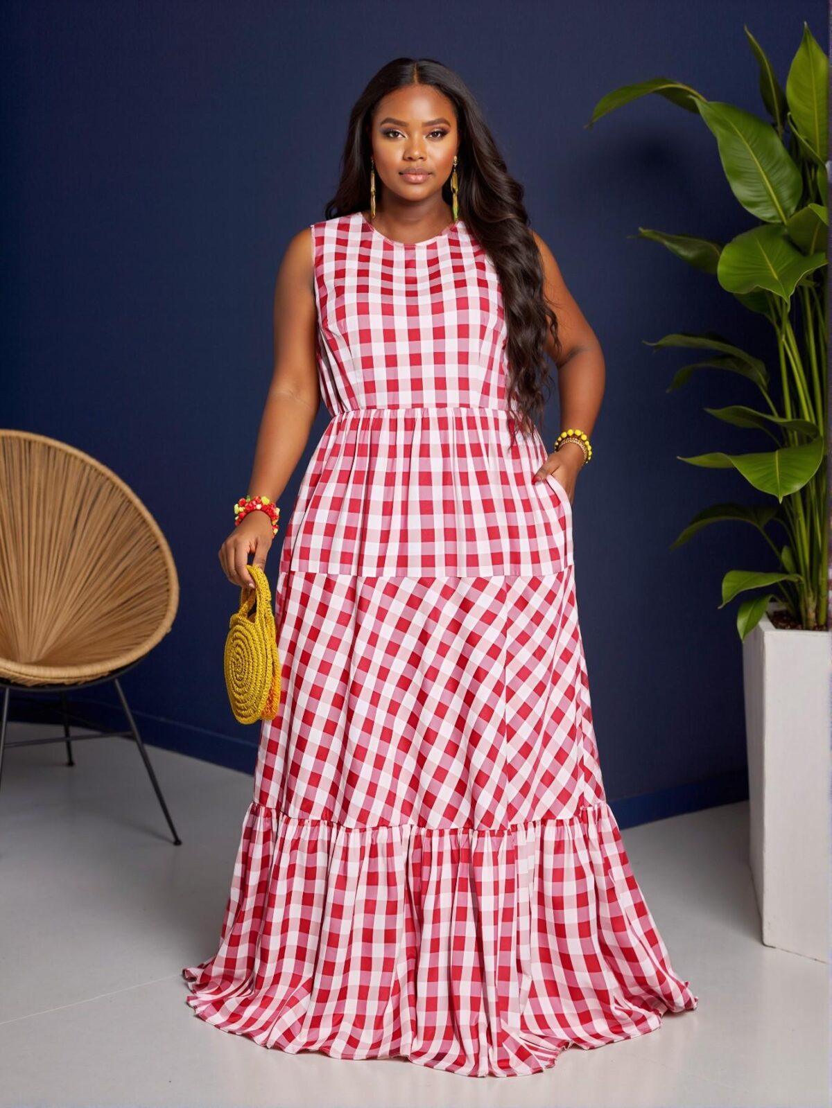 Elegant Multicolor Gathered Waist Sleeveless Dress with Pockets for Spring and Summer, Featuring a Stylish Round Neck and Flounce Hem, Perfect for Effortless Chic Fashion.
