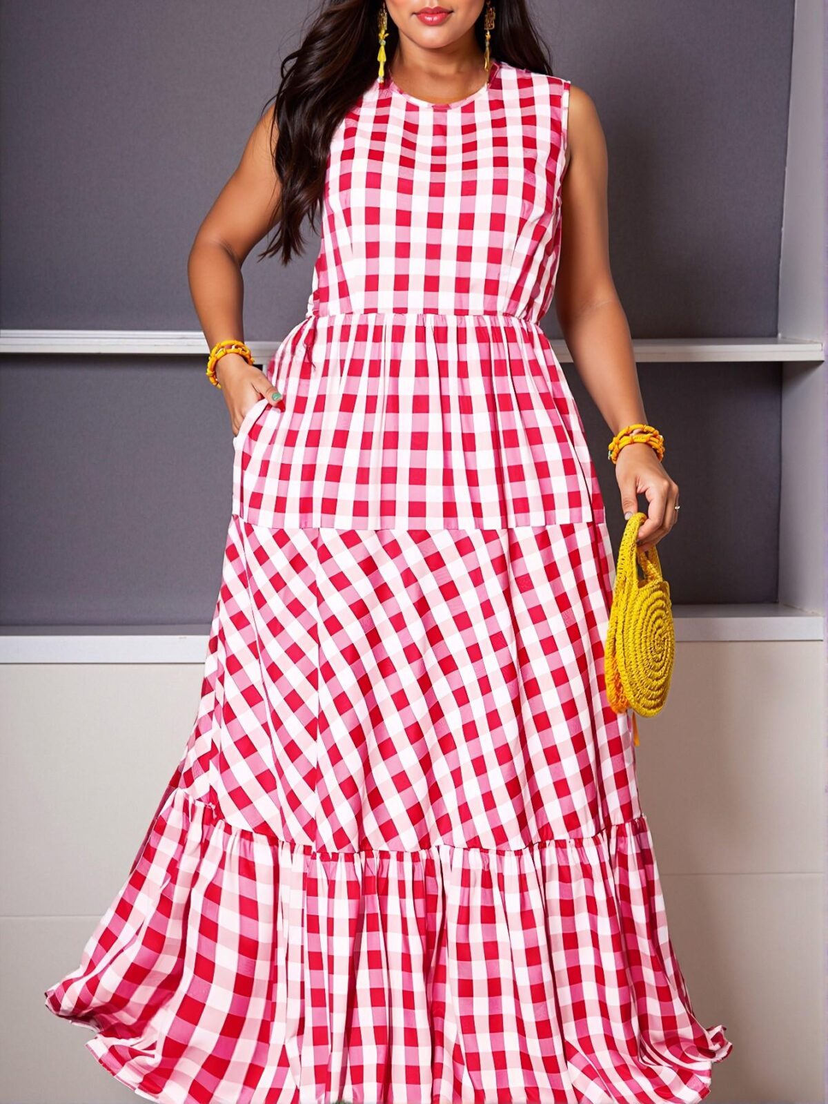 Elegant Multicolor Gathered Waist Sleeveless Dress with Pockets for Spring and Summer, Featuring a Stylish Round Neck and Flounce Hem, Perfect for Effortless Chic Fashion. - Image 5