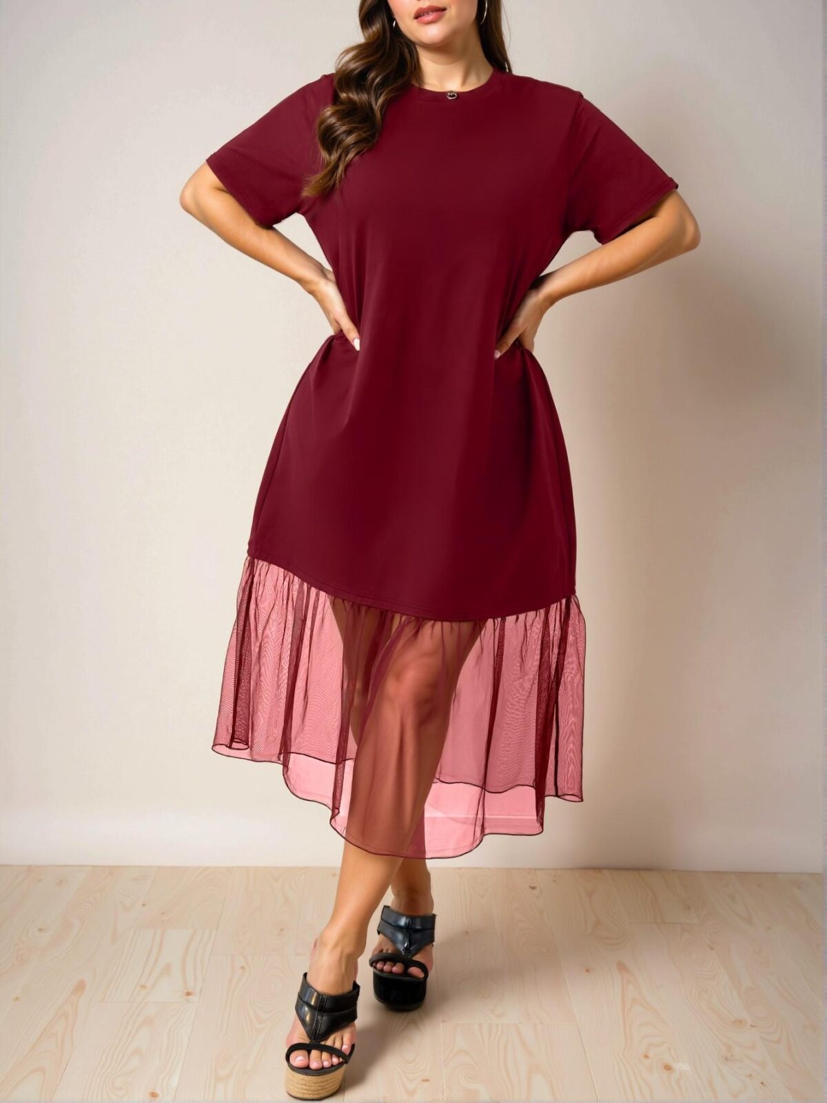 Elegant Burgundy Chic Casual Midi Mesh Dress with Ruffled Hem for Spring and Summer - Chic, Classy and Trendy Fashion Style to Dress to Impress