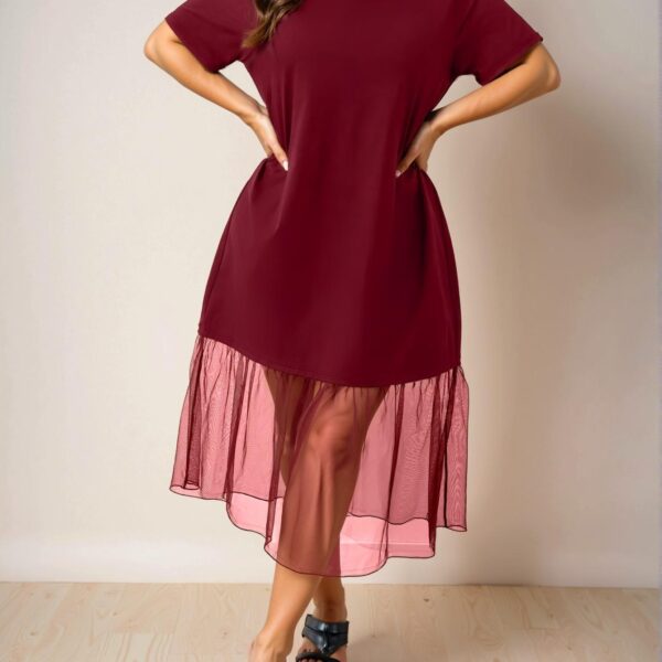 Elegant Burgundy Chic Casual Midi Mesh Dress with Ruffled Hem for Spring and Summer - Chic, Classy and Trendy Fashion Style to Dress to Impress