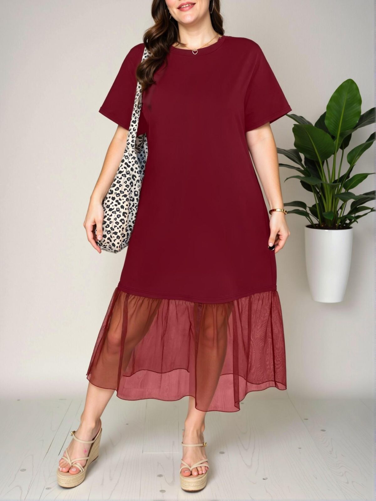 Elegant Burgundy Chic Casual Midi Mesh Dress with Ruffled Hem for Spring and Summer - Chic, Classy and Trendy Fashion Style to Dress to Impress - Image 2