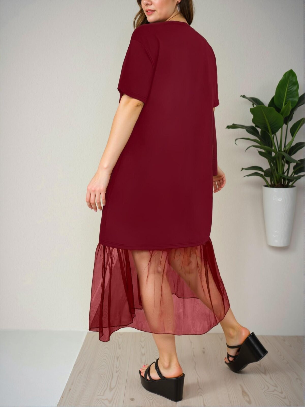 Elegant Burgundy Chic Casual Midi Mesh Dress with Ruffled Hem for Spring and Summer - Chic, Classy and Trendy Fashion Style to Dress to Impress - Image 3