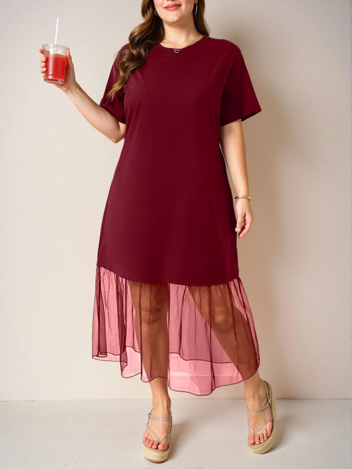 Elegant Burgundy Chic Casual Midi Mesh Dress with Ruffled Hem for Spring and Summer - Chic, Classy and Trendy Fashion Style to Dress to Impress - Image 4