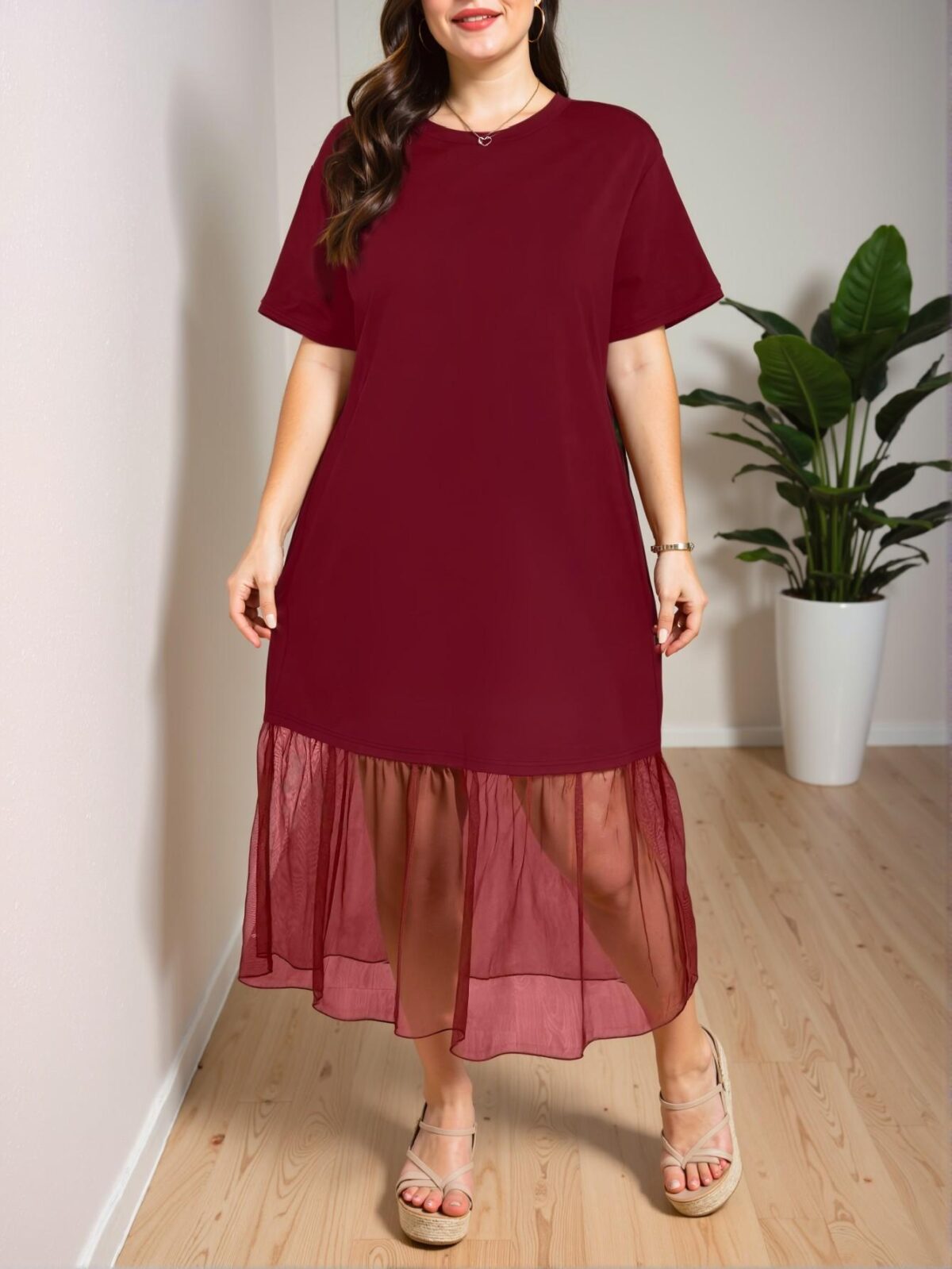 Elegant Burgundy Chic Casual Midi Mesh Dress with Ruffled Hem for Spring and Summer - Chic, Classy and Trendy Fashion Style to Dress to Impress - Image 5